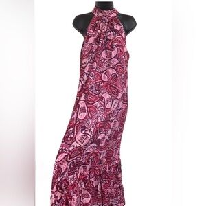Cynthia Steffe fuchsia red pink combo silk like tiered halter maxi dress‎ size L
